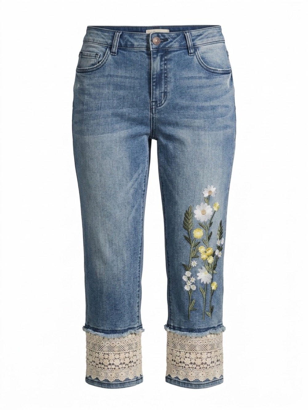 Cottagecore Floral Embroidered Crop Jeans - Lace Trim Hem - Boho Denim Size 12P